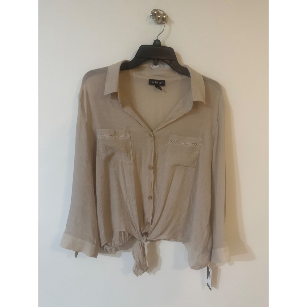 A. Byer Womens XL Beige Tie Front Button Down Crochet Trim Long Sleeve Top
